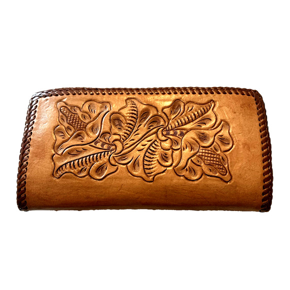 Vintage Handbags - Vintage Hand-tooled Leather Women’s Wallet Clutch Dbl Kiss-lock Closure “MOM”